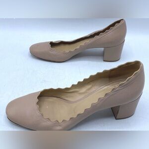 Chloe, size 37.5 EU, 7 US, Scalloped Edge Tan Block Heels, UIGC